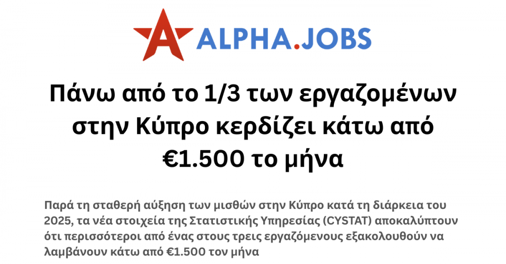 Πάνω από το 1/3 των εργαζομένων στην Κύπρο κερδίζει κάτω από €1.500 το μήνα